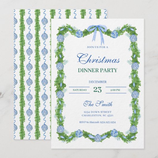 Blue & White Chinoiserie Garland Grandmillennial 招待状 (正面/裏面)