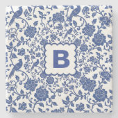 Blue & White Chinoiserie Toile Monogram B Bird Flo ストーンコースター (正面)