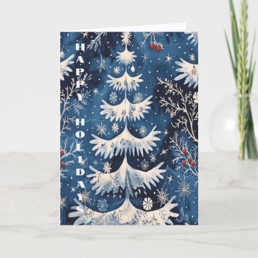 Blue White Christmas Tree Holiday Card カード (正面)