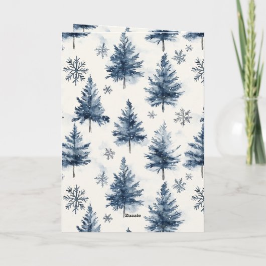 Blue White Christmas Trees Snowflakes	 カード (裏面)