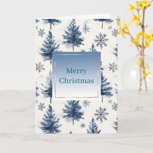 Blue White Christmas Trees Snowflakes	 カード (黄色い花)