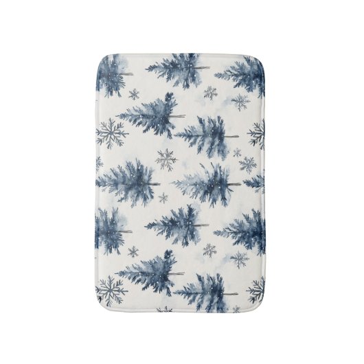 Blue White Christmas Trees Snowflakes バスマット (正面縦)