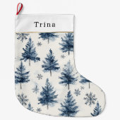 Blue White Christmas Trees Snowflakes ラージクリスマスストッキング (正面)
