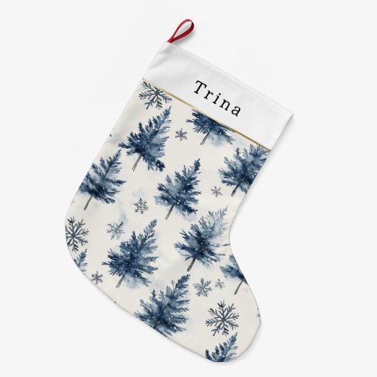 Blue White Christmas Trees Snowflakes ラージクリスマスストッキング (正面 (吊り時))