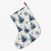 Blue White Christmas Trees Snowflakes ラージクリスマスストッキング (裏面 (吊り時))