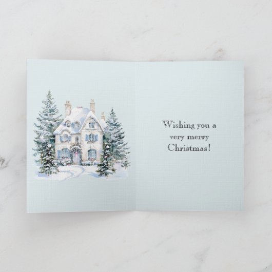 Blue White Christmas Winter House Trees カード (内部)