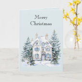 Blue White Christmas Winter House Trees カード (黄色い花)