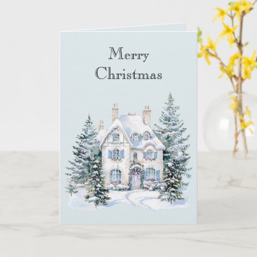 Blue White Christmas Winter House Trees カード (黄色い花)