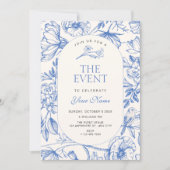 Blue white Classic artistic floral 招待状 (正面)