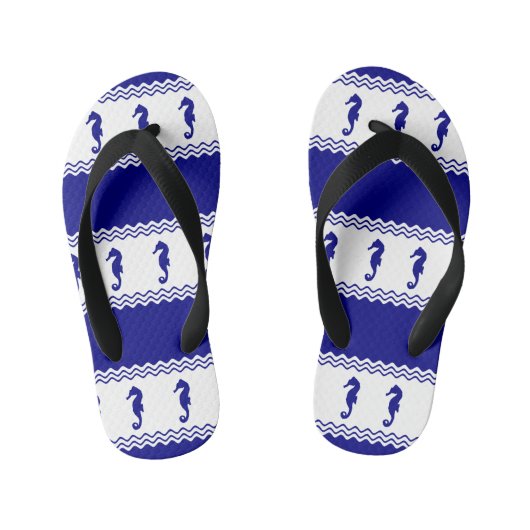 Blue White Coastal Seahorses Stripes キッズビーチサンダル (フットベッド)