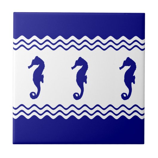 Blue White Coastal Seahorses Stripes タイル (正面)