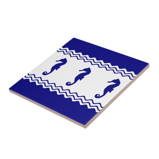 Blue White Coastal Seahorses Stripes タイル (側面)