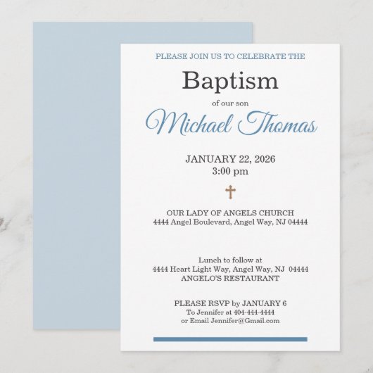 Blue White Cross Custom Name Baptism 招待状 (正面/裏面)
