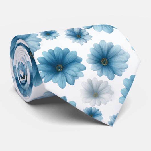 Blue White Daisy Floral Pattern ネクタイ (ロール)