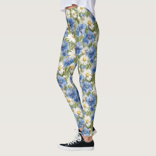 Blue White Daisy Flowers レギンス (左)