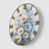 Blue & White Daisy Vintage Wildflower Botanical  ラージ壁時計 (傾斜)
