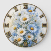 Blue & White Daisy Vintage Wildflower Botanical  ラージ壁時計 (正面)