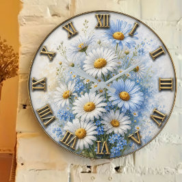 Blue & White Daisy Vintage Wildflower Botanical ラージ壁時計