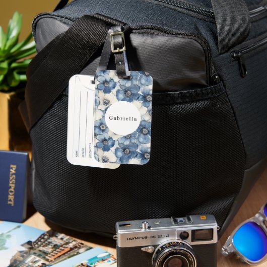 Blue White Denim Flowers ラゲッジタグ (正面&裏面)