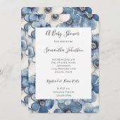 Blue White Denim Flowers Baby Shower 招待状 (正面/裏面)