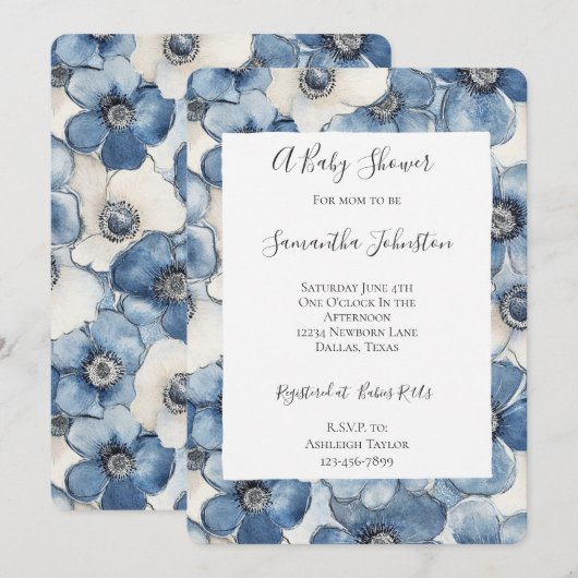 Blue White Denim Flowers Baby Shower 招待状 (正面/裏面)