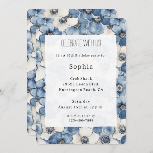 Blue White Denim Flowers Birthday 招待状 (正面/裏面)