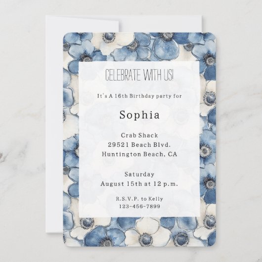 Blue White Denim Flowers Birthday 招待状 (正面)