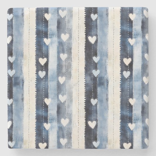 Blue White Denim Heart Stripes   ストーンコースター (正面)