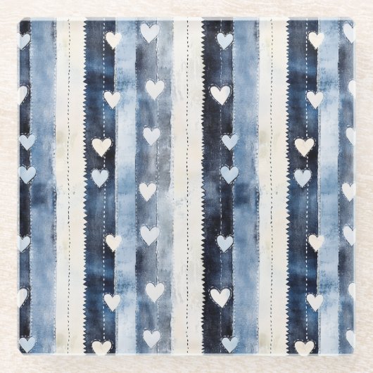 Blue White Denim Heart Stripes Birthday ガラスコースター (正面)