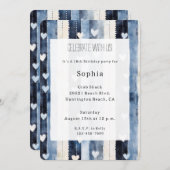 Blue White Denim Heart Stripes Birthday 招待状 (正面/裏面)