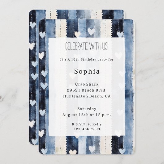 Blue White Denim Heart Stripes Birthday 招待状 (正面/裏面)