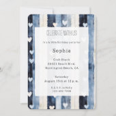 Blue White Denim Heart Stripes Birthday 招待状 (正面)