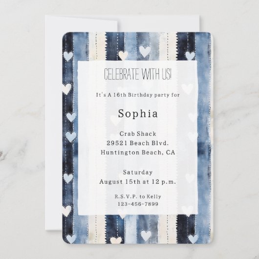 Blue White Denim Heart Stripes Birthday 招待状 (正面)