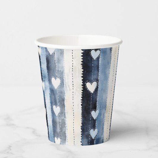 Blue White Denim Heart Stripes Birthday 紙コップ (左)