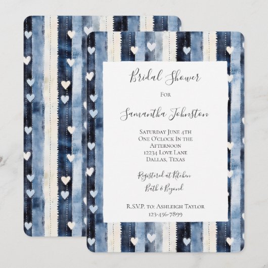 Blue White Denim Heart Stripes Bridal Shower 招待状 (正面/裏面)