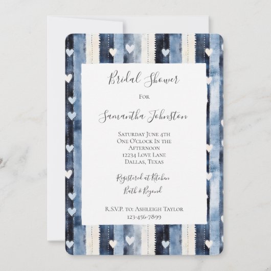 Blue White Denim Heart Stripes Bridal Shower 招待状 (正面)