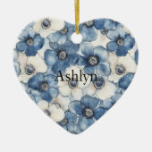 Blue White Denim Heart Stripes Flowers Christmas セラミックオーナメント (正面)