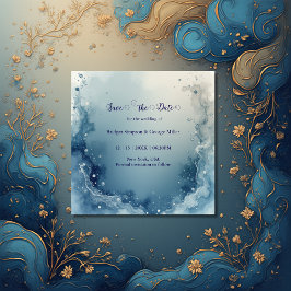 blue white Dreamy coastal marble ink wedding セーブザデート