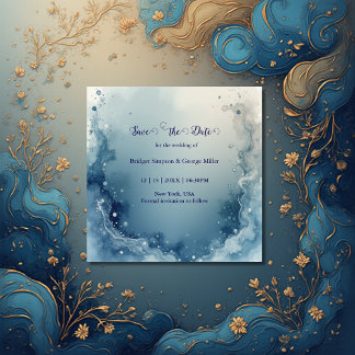blue white Dreamy coastal marble ink wedding セーブザデート