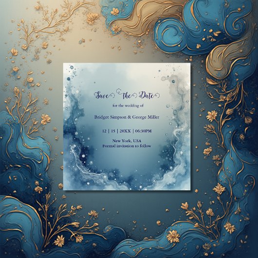 blue white Dreamy coastal marble ink wedding セーブザデート