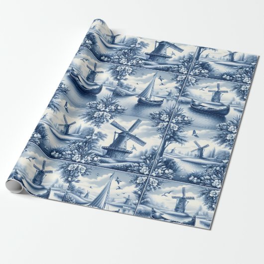 Blue & White Dutch Landscape Pattern • Tile-Inspir ラッピングペーパー (アンロールド)