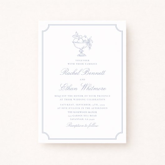 Blue & White Elegant Frame Wedding Invitation 案内状