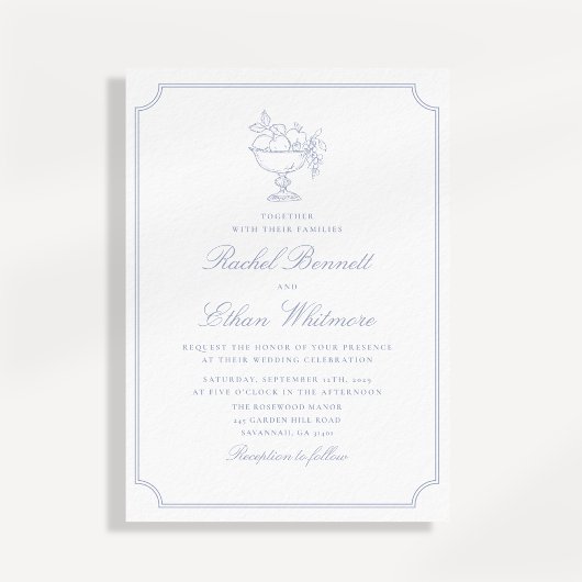 Blue & White Elegant Frame Wedding Invitation 案内状
