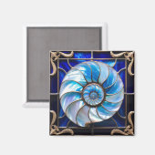 Blue/White Faux Stained-Glass Nautilus Shell 3 マグネット (正面/裏面)
