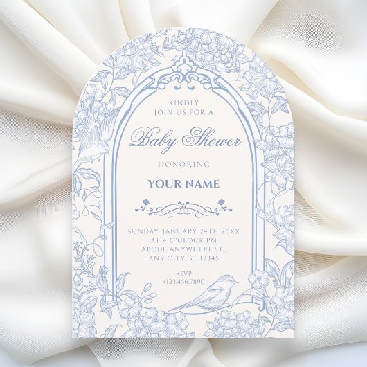Blue white floral bird artistic baby shower 招待状