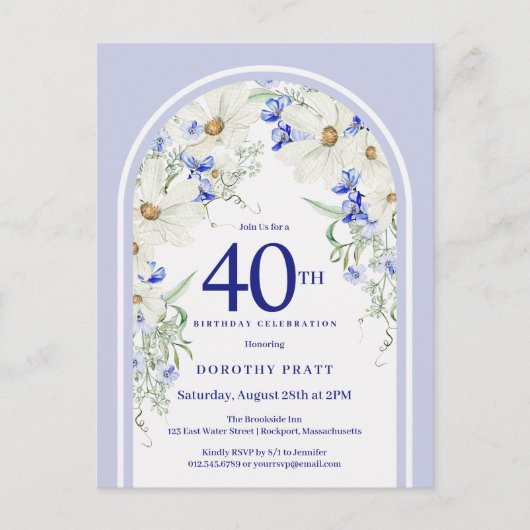 Blue White Floral Boho Arch 40th Birthday Party ポストカード (正面)