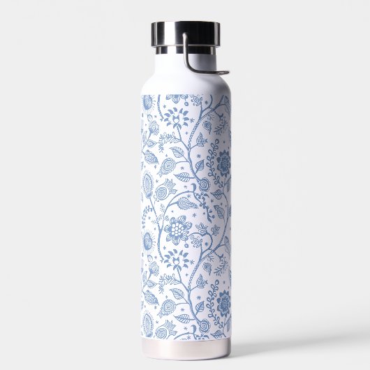 Blue White Floral Boho Botanical Pattern Whimsical ウォーターボトル (左面)