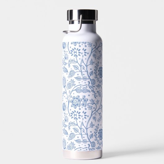 Blue White Floral Boho Botanical Pattern Whimsical ウォーターボトル (右面)