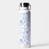 Blue White Floral Boho Botanical Pattern Whimsical ウォーターボトル (背面)
