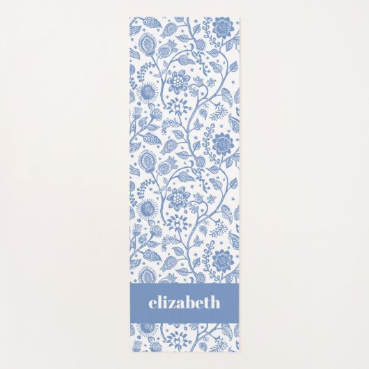 Blue White Floral Botanical Pattern Custom Name ヨガマット (正面)